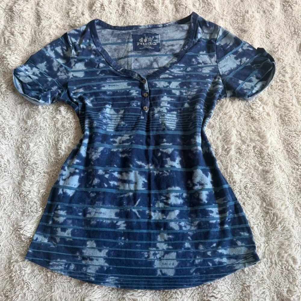 Mudd Y2K Blue Tie-Dye Top Size L Striped Acid Wash Vintage